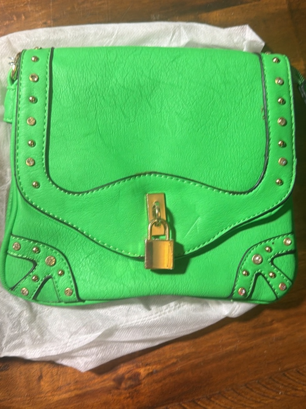 Green Studded Crossbody Bag with Gold Lock